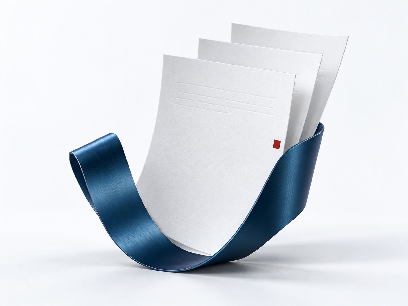 Drei Papierdokumente, zusammengehalten von einer geschwungenen blauen Form. Illustrative 3D-Grafik.